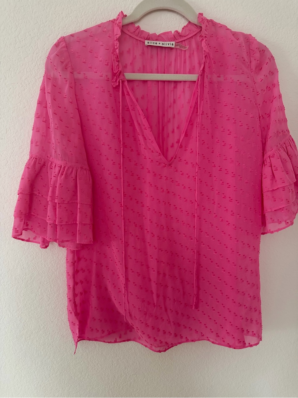 Alice + Olivia Hot Pink Ruffled Tie V-Neck Blouse
